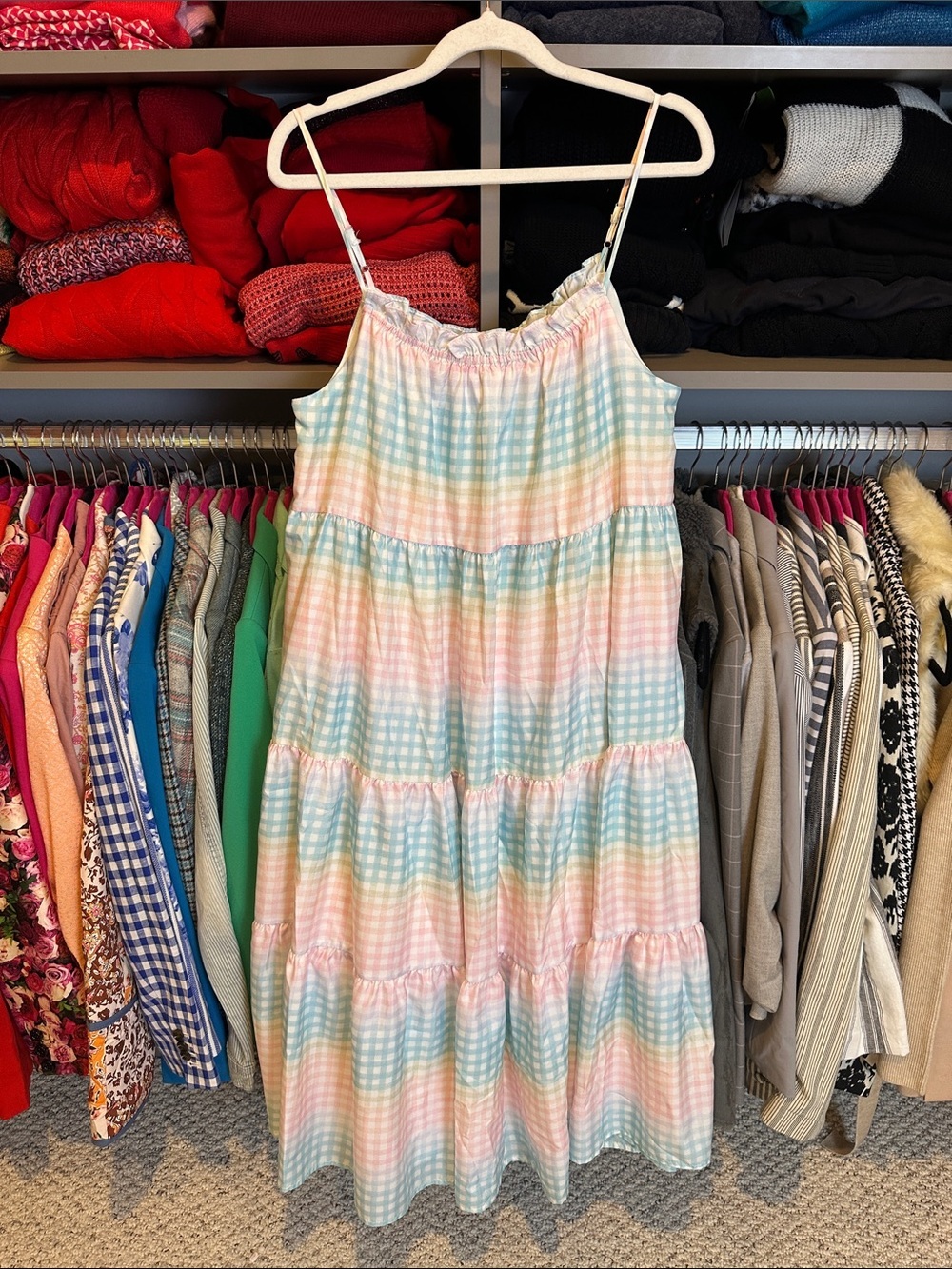 Storia blue/pink/white gingham adjustable strap lined midi dress size S